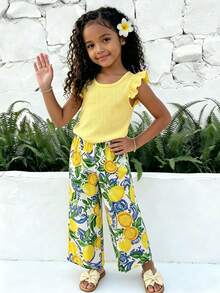 SHEIN Elladie kids 2件裝少女暖色系度假夏季海灘玩樂黃色紋理荷葉袖背心上衣與檸檬藍白瓷印花鬆緊腰寬腿褲套裝，適合度假、旅行、海灘、週末野餐、開學、春夏季 - 黃色 - 查看 1