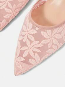 CUCCOO HITCHD Stylish And Elegant Commuter Embroidered Mesh Pointed Pumps - Light pink. - View 4