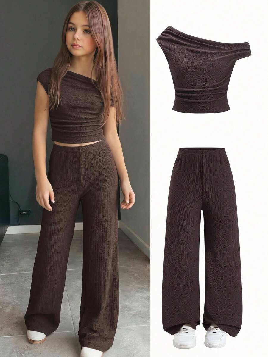 SHEIN 少女棕色针织吊带背心和阔腿裤两件套,休闲度假装 - 棕色 - 查看 1