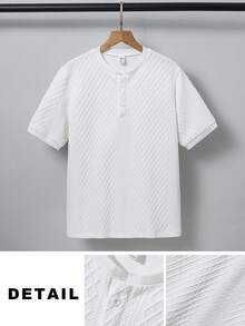 SHEIN Teen Boys Summer Casual Basic Plain Casual Simple And Comfortable White Textured Fabric Breathable Small Stand-Up Collar Short Sleeve Hot-Selling Polo Shirt, Suitable For Spring/Summer, Daily Wear, Sports, Outings, School, Parties, Festivals, Photoshoots - White - View 5