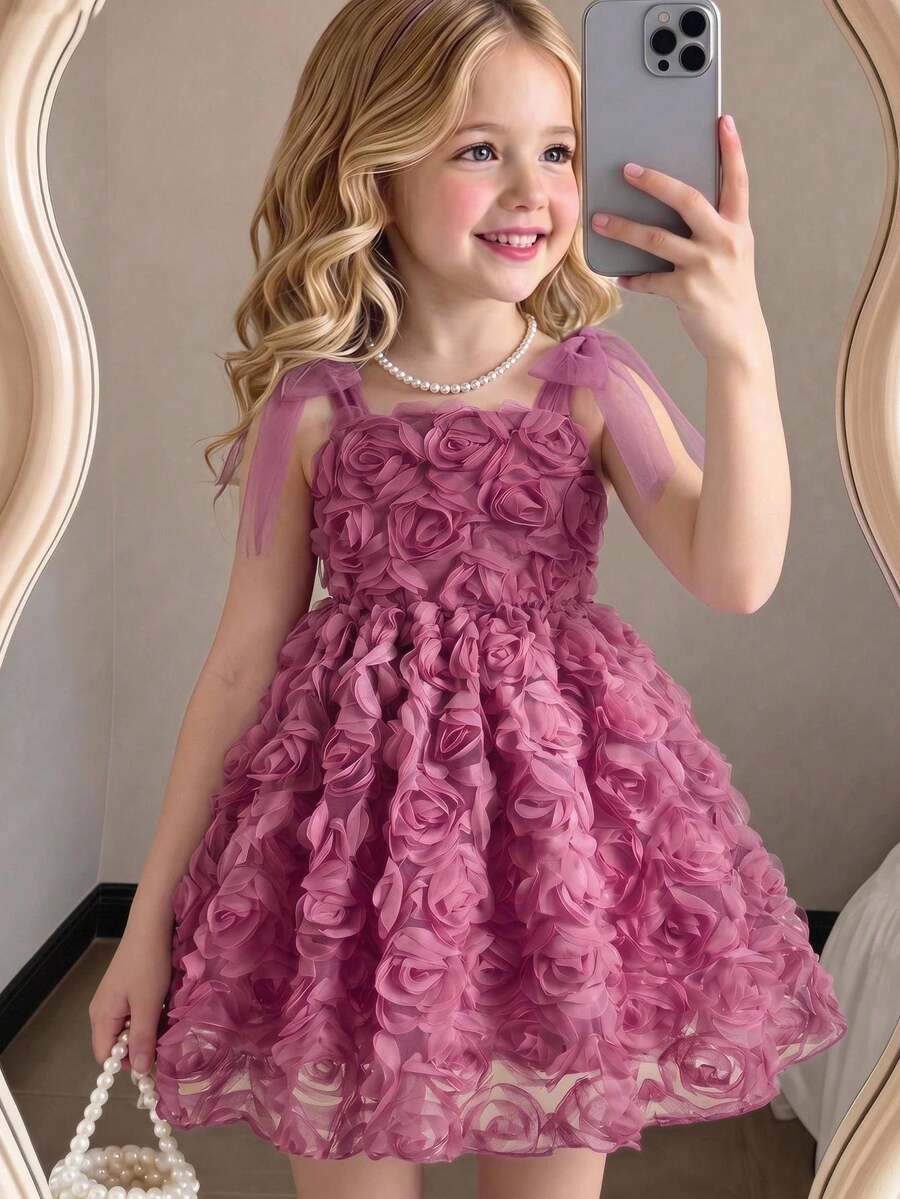 Glamorique Kids 女童優雅公主風網紗花卉裝飾派對生日小新娘禮服，冬季婚禮酒紅色