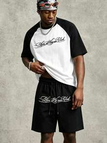 PAVTROS Men's Colorblock Raglan Sleeve Letter Embroidered Oversized T-Shirt And Shorts Set,Black And White,Summer,Streetwear,City Break,Casual Soft Outfits - Black and White - View 1
