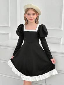 SHEIN Tween Girl Elegant Black And White Contrast Ruffle Square Neck Lantern Puffy Long Sleeve A-Line Dress - Black - View 6