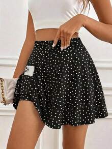SHEIN Frenchy 女款圓點圖案高腰腰帶口袋休閒裙褲 - 黑色 - 查看 4