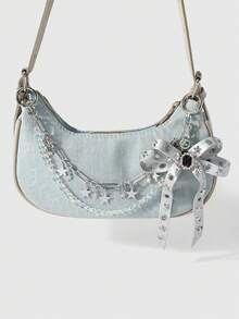 ROMWE Goth 1 Y2k Retro Punk Silver Leather Rivet Bow Star Imitation Crystal Beaded Chain DIY Bag Pendant Keychain, Daily Wear By Girls And Ladies - Silver - View 2