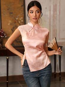 EastFlair Women's New Chinese Style Summer Top, Jacquard Satin Fabric With Contrast Embroidery 3D Floral Fabric, Asymmetric Collar Design Cheongsam Buttons Pink - Pink - View 4
