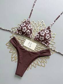 Swim Mod 26SS Spring/Summer Vacation Beach Brown Floral Print Bikini Set - Multicolor - View 5