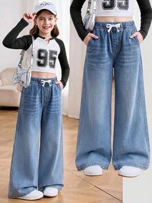 SHEIN 青少年女孩秋冬藍色丹寧抓絨內裡寬鬆長褲 - 中等水洗藍 - 查看 3