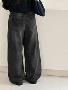 Tween Girl Casual Washed Wide Leg Jeans - Black - View 2