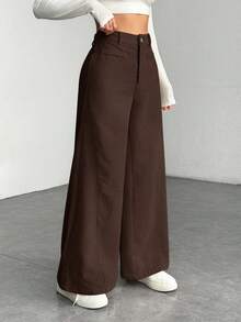 SHEIN PETITE Celana Panjang Kasual Serbaguna Warna Polos Pinggang Tinggi Potongan Lebar, Wanita Bertubuh Mungil - Coklat - View 4