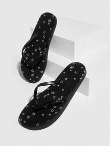 Grefit Star Printed Flat Home Beach Flip Flops (Random Solid/Hollow Star Pattern, Slight Paint Smear On Printed Pattern Is Normal) Back To School Shoes College Student Shoes Spring Shoes Spring Break Easter For Casual Beach Style For Christmas Beach Shoes Summer Shoes - Black - View 4