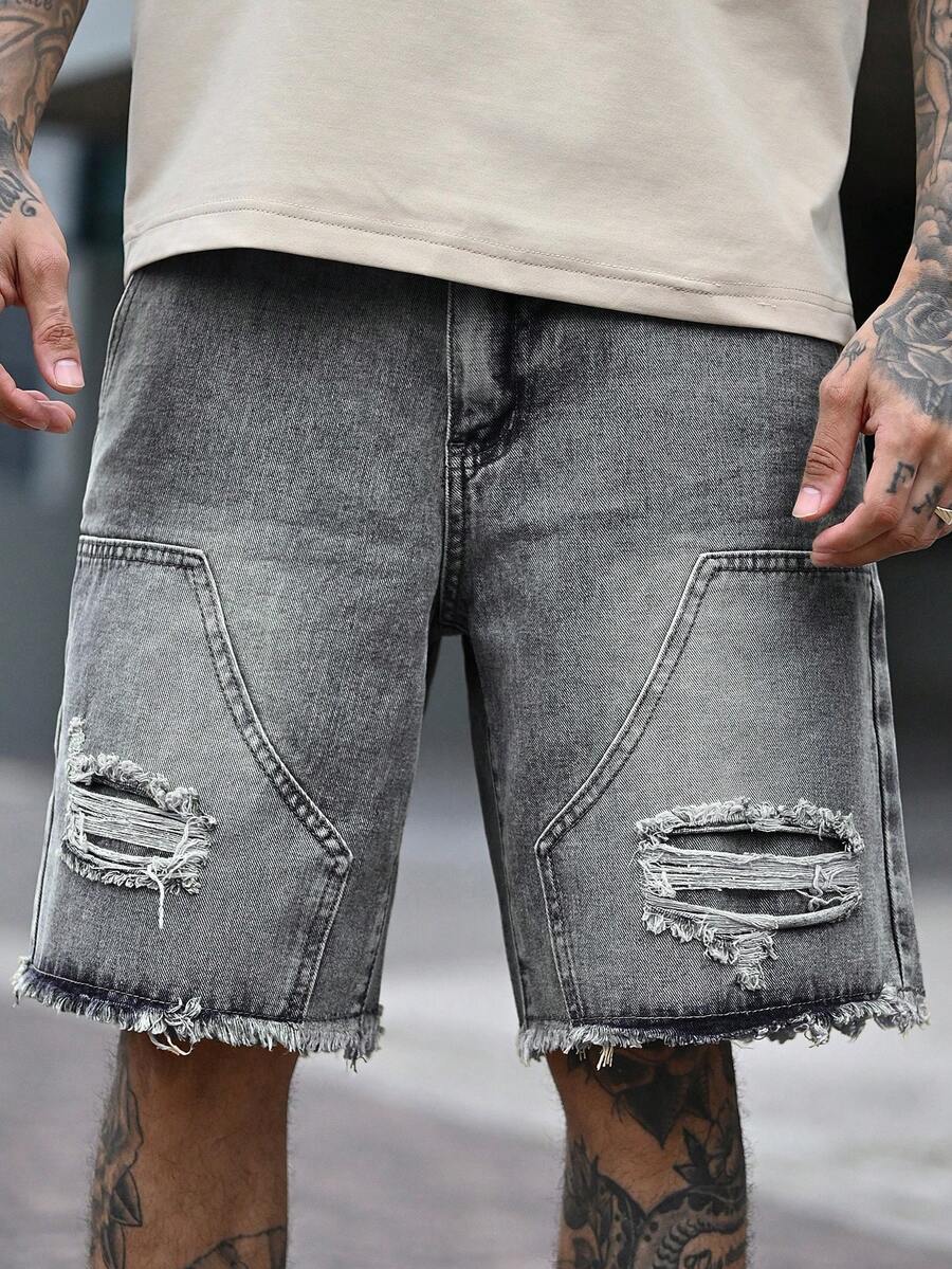 Devon Thys Men's Plain Frayed Edge Pocket Ripped Fashionable Denim Shorts Ripped Denim Shorts Men - Light Grey - View 1