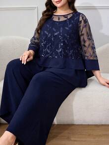 Modelyn Plus Size Women's Dark Blue 3D Floral Decor Mesh Patchwork Round Neck Top And Solid Color Wide Leg Pants 2pcs Set, Party Wedding, Formal, Evening Gown - Navy Blue - View 6