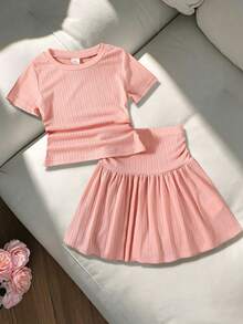 Elladie kids 2件組少女夏季新款極簡甜美風粉色親膚彈性羅紋圓領側抓褶T恤與A字百褶裙套裝，適合週末出遊、旅行度假、日常上學、海灘玩耍、慶祝活動，夏季服飾 - 粉色 - 查看 3