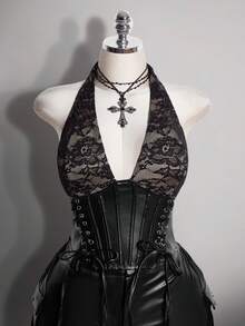 SHEIN ICON 大尺碼女款性感蕾絲拼接露背掛脖上衣，適合夏季 - 黑色 - 查看 4