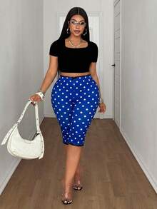 Maweii Plus Size Women's Polka Dot Print Elastic Waist Lace Patchwork Slim Fit 3/4 Length Leggings - Royal Blue - View 4