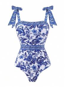 Swim Oasis 女款一件式泳衣，黑色蝴蝶結與大花朵設計，不對稱裙襬，春夏秋冬時尚休閒度假高級兩件套 - 藍白色 - 查看 5