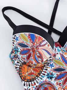 Swim Oasis 女款海灘夏季套裝，性感花卉印花粗肩帶聚攏式一件式泳衣搭配網格拼接印花長裙 2 件組 - 彩色 - 查看 4
