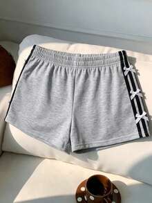 Modelyn Women's Elastic Waist Bow Decor Casual 2000s Cute Versatile Daily Wear School Shorts City Break Grey Striped Summer Back-To-School Sports - Light Grey - View 8
