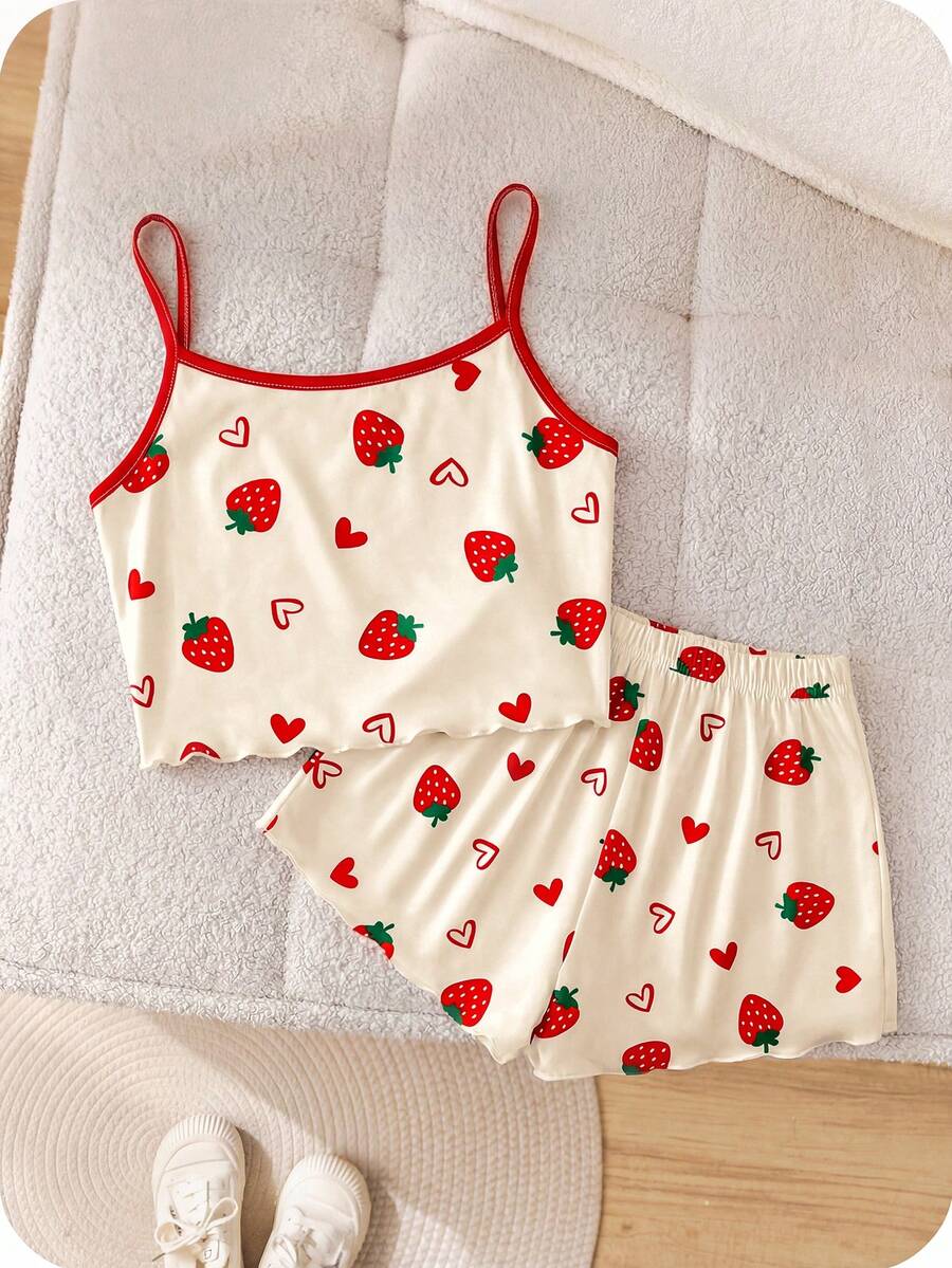 青少年女孩休閒可愛氛圍感草莓愛心印花極簡修身細肩帶上衣短褲套裝,夏季居家服晚會紅色 - 彩色 - 查看 1
