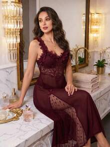 Modelyn Women's Sexy Lace Floral Mesh Spaghetti Strap Long Nightgown With Waist Design Lingerie Dress See Through Dress Long Night Dress Lace Dress - Maroon - View 7