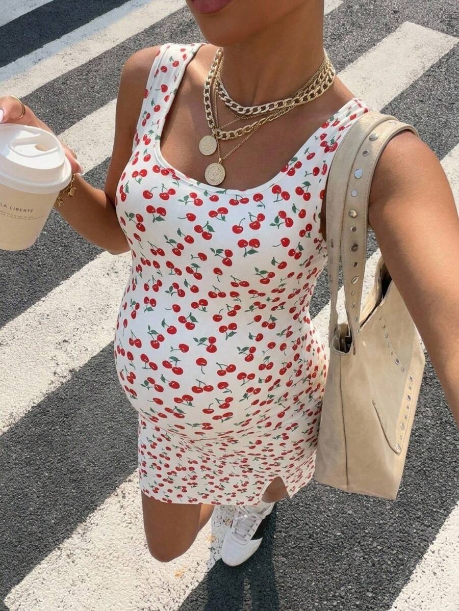 SHEIN Maternity Summer Casual Cherry Print Slit Back Camisole Dress - Multicolor - View 1