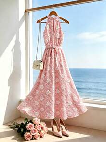 SHEIN Franclia 女款新款掛脖修身紋理洋裝，適合海灘度假與旅行穿搭 - 粉色 - 查看 2