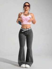 SHEIN PETITE 女款休閒喇叭牛仔褲，適合日常穿著，百搭 - 灰色 - 查看 3