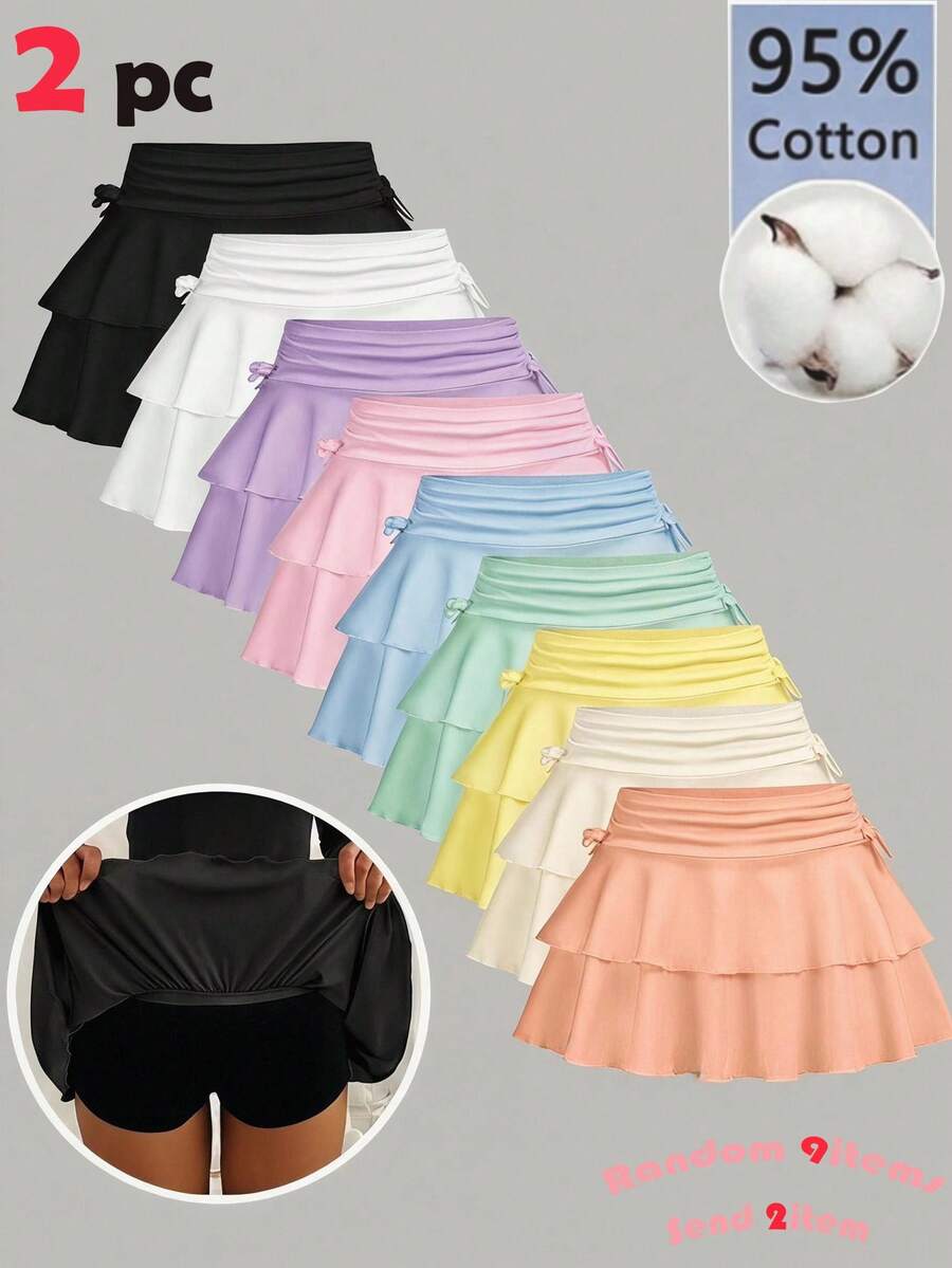 SHEIN Girlism 2件/組 青少年女孩休閒內搭褲 & 短裙,黑 & 白 - 彩色 - 查看 1