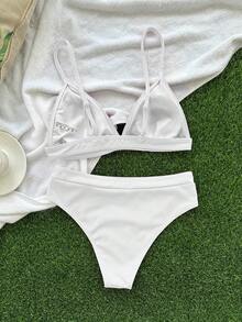 Swim Basics Women's Summer Beach Solid Color Sexy Fashion Bikini Two-Piece Swimsuit Set, Wireless - White - View 6