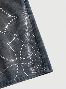 ROMWE MEN Men's Rhinestone Cross Denim Shorts - Blue - View 5
