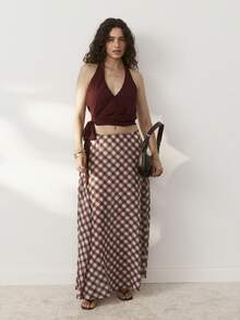Aralina Satin Halter Neck Draped Wrap Tie Side Sexy Vacation Going Out Date Night Night Out Elegant Tops Burgundy Summer - Burgundy - View 9