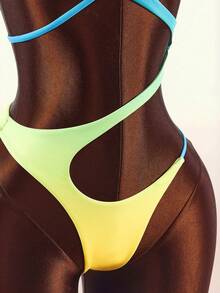 Amplova Traje de baño de una pieza para mujer, sexy y vanguardista, con degradado, recortes y cuentas, adecuado para atuendos de vacaciones, con detalles de recortes asimétricos - Verde - Ver 7