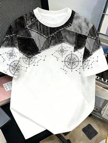 Manfinity Joysei Men's Patterned Casual Crew Neck Short Sleeve T-Shirt - Black and White - View 2