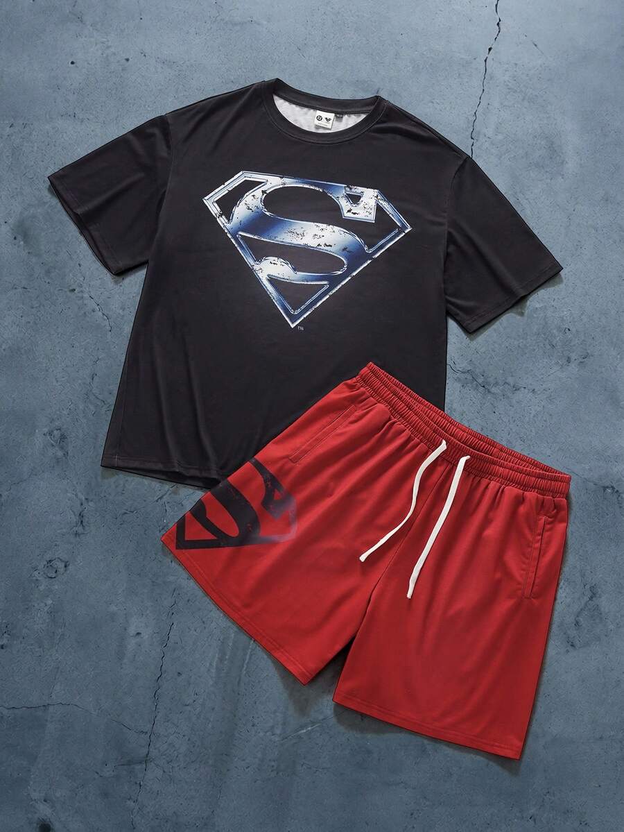 SUPERMAN X SHEIN Men's Summer Casual Letter Print T-Shirt And Shorts Set - Black - View 1