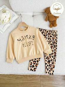 SHEIN 2pcs Baby Girl Solid Color Loose Fit Crew Neck Sweatshirt And Leopard Print Pants Set - Multicolor - View 3