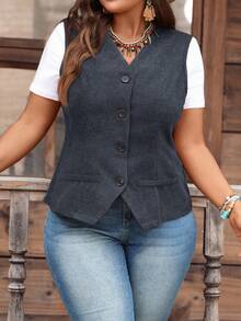 EMERY ROSE Chaqueta chaleco de pana con botones para mujer de talla grande - Gris Oscuro - Ver 6