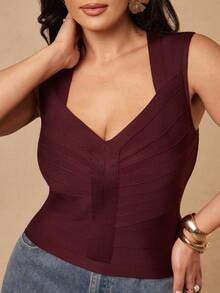 SHEIN BAE CURVE Plus Size Women's Burgundy Bandage Top, Summer Outfits, Independence Day, 4th Of July, Elegant, Bandage Top - Burgundy - View 8