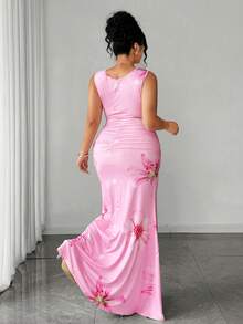 Elenzga Große Größen Damen gestricktes elegantes Kleid mit tiefem Ausschnitt, ärmellos, seitlich gerafft, körperbetont, Soft Pink Blume Muster - Pink - Übersicht 2