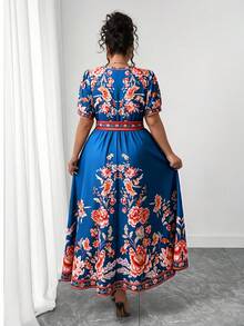 Elenzga 大码女式时尚百搭泰国马尔代夫度假海滩波西米亚印花系腰 V 领盖袖连衣裙，春夏 - 彩色 - 查看 2