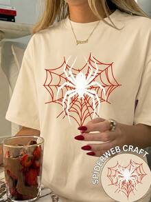 1 Piece Fashion Casual For Men And Women New Women's Round Neck T-Shirt, Short Sleeve, Loose, Casual And Versatile With Spider Print Soft Fabric With Good Drape, Versatile, Easy - 杏色 - 查看 2