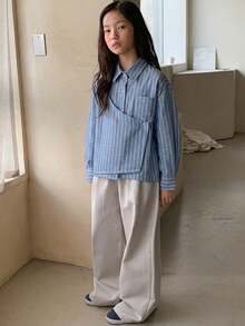 DAZY 青少年女孩秋季服飾 青少年女孩翻領梭織條紋長袖襯衫 - 藍色 - 查看 2