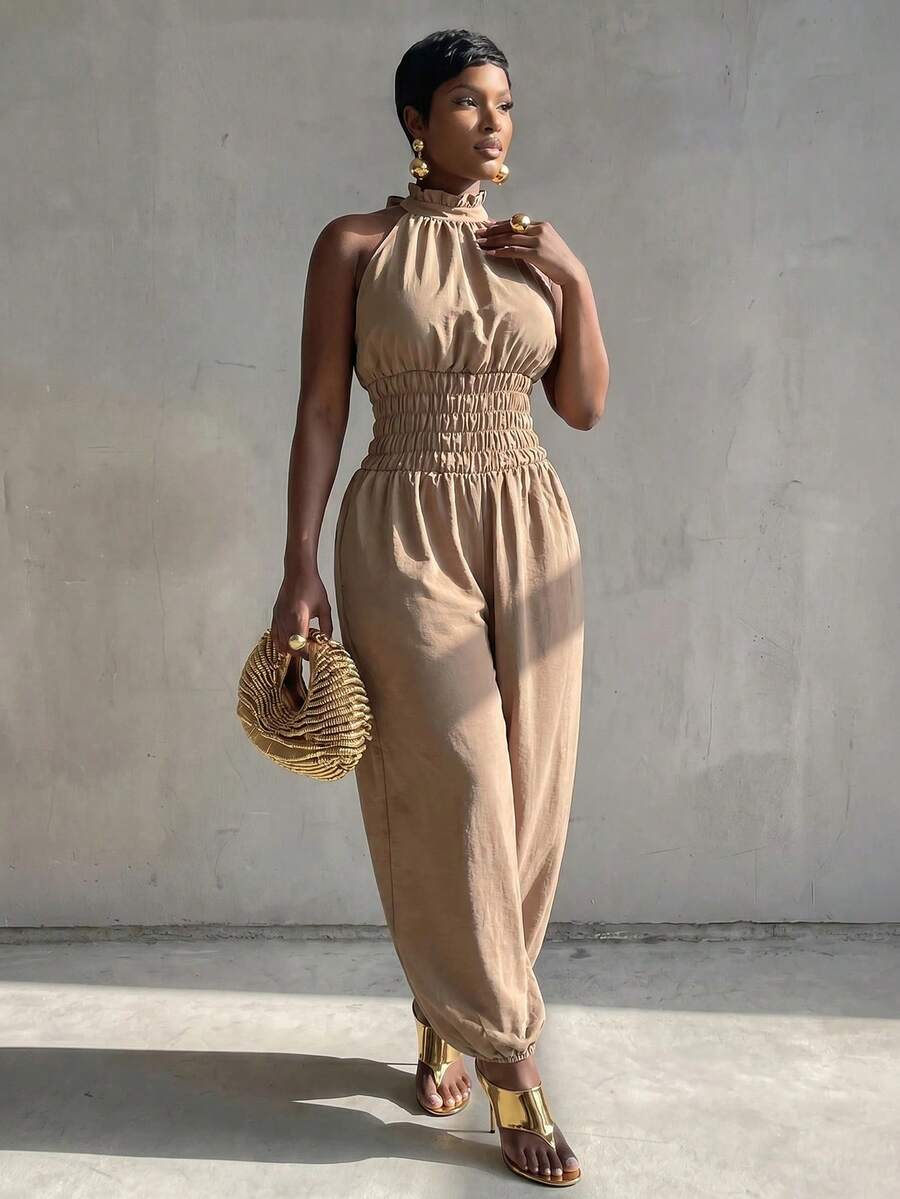 BamGlimmer New Halter Neck High Collar Sleeveless Cold-Shoulder Design Elastic Waist To Raise Waistline Lantern Wide Leg Pants Elegant Casual Dinner Date Khaki - Khaki - View 1