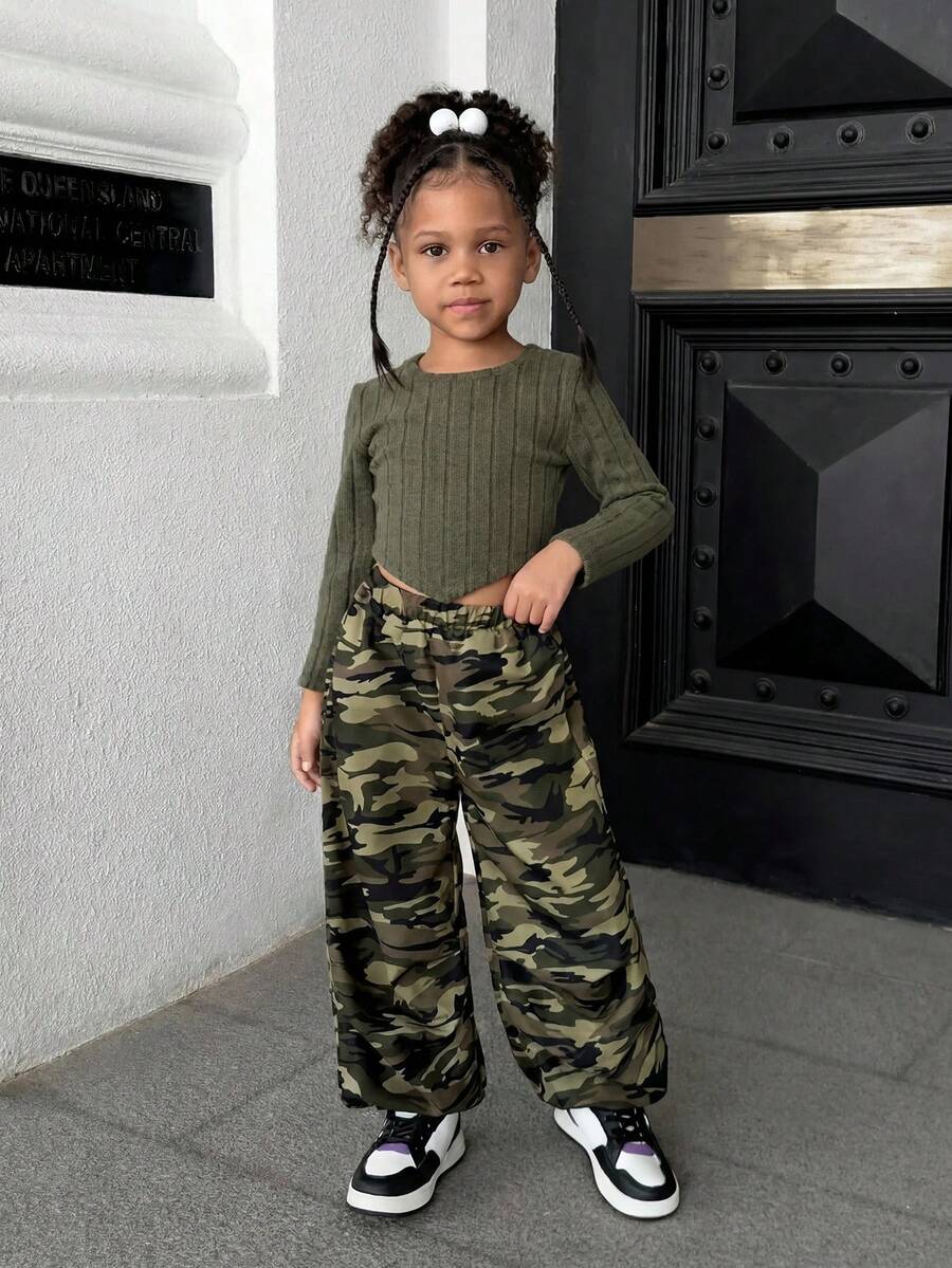 SHEIN Young Girl Sporty Casual Knit Long Sleeve Top And Camo Print Long Pants 2Pcs Set - Multicolor - View 1