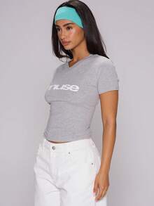 MUSERA Grey Jersey Graphic Printed V Neck Fitted Top - Black and White - View 3