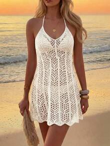 Swim Lushoire Swim Chiccia Women's Spring/Summer Casual V-Neck Sleeveless Beach Cover-Up, Off-Shoulder Tie-Front Backless Casual Swim Dress, Black Sexy Club Outfit, Women's Beachwear, Beach Outfit, Suitable For Outings, Concerts, Parties, Dates, Vacations - Beige - View 6