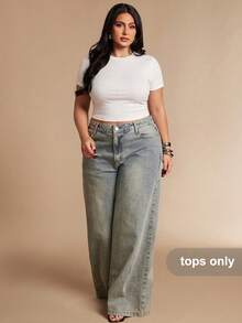 SHEIN BAE Plus Size Women's Sequin Embellished Short Sleeve Top, Spring/Summer - White - View 1