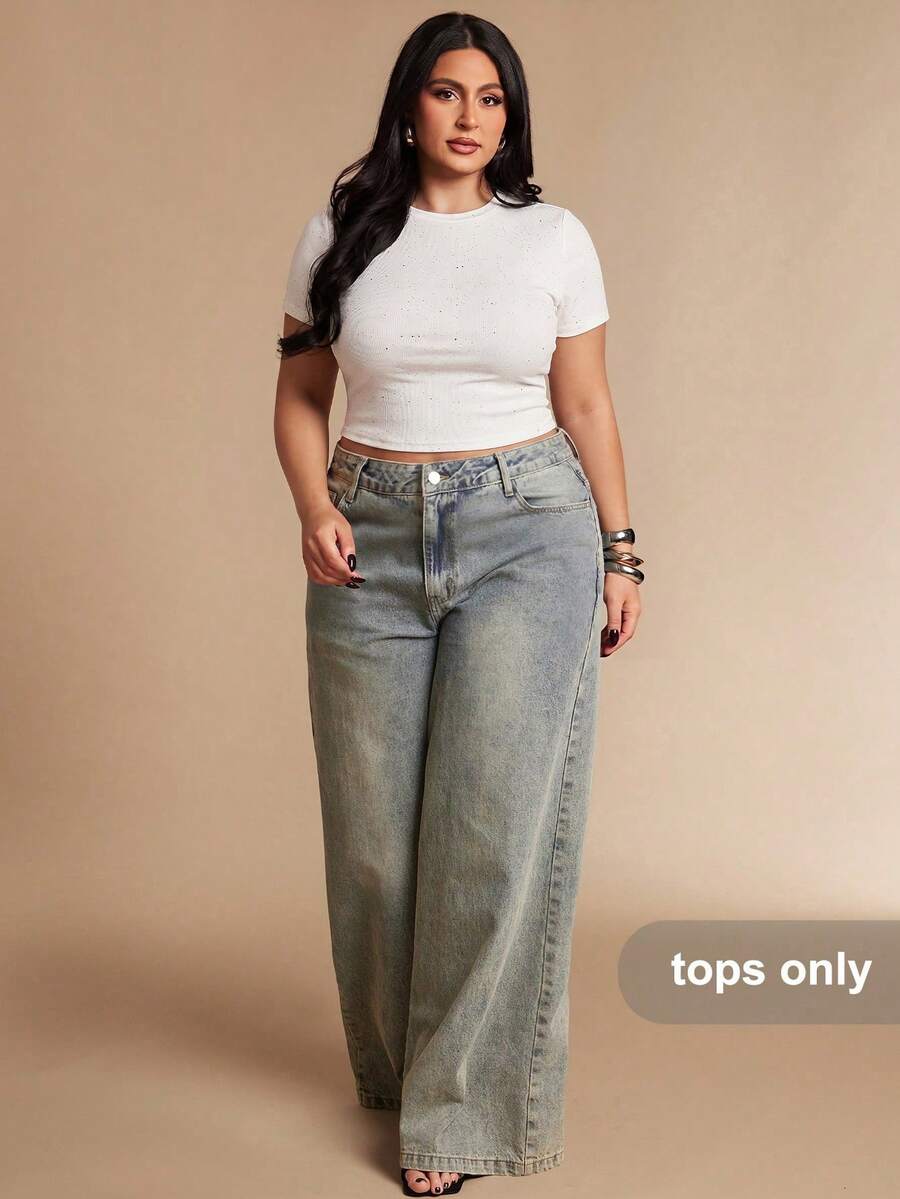 SHEIN BAE Plus Size Women's Sequin Embellished Short Sleeve Top, Spring/Summer - White - View 1