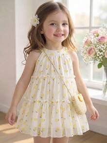 SHEIN Baby Girls Summer Round Neck Princess Dress With Ditsy Floral, Sweet Dress + Matching Floral Accessory Small Bag, Stylish Versatile Sleeveless Comfortable, Suitable For Daily Outings - Yellow - View 6