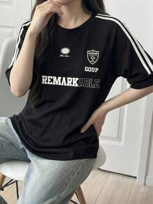 DAZY Round Neck Striped Side Slit T-Shirt Oversized T-Shirt,Graphic Tees School Cute Tops - Black - View 9